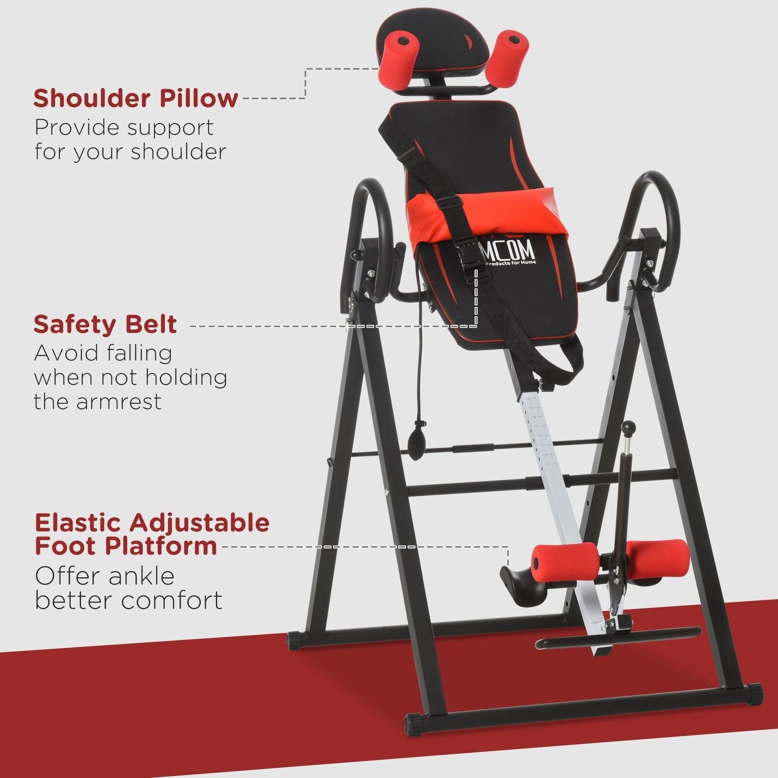 HOMCOM Adjustable Gravity Inversion Table with Safety Belt, Red